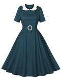 Peacock Blue Peter Pan Collar 1950s Vintage Swing Dress