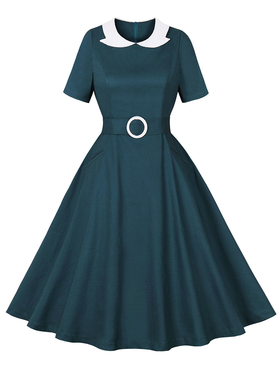 Peacock Blue Peter Pan Collar 1950s Vintage Swing Dress