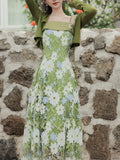 1940S Green Lace Embroidered Spaghetti Strap Vintage Dress