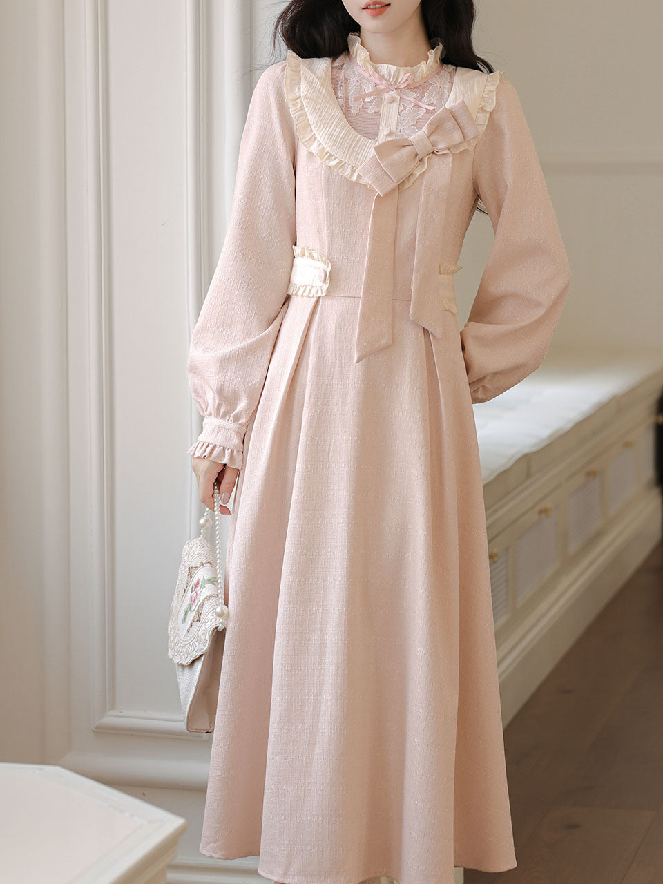 Vintage Pink Bow Long Sleeve Swing Dress