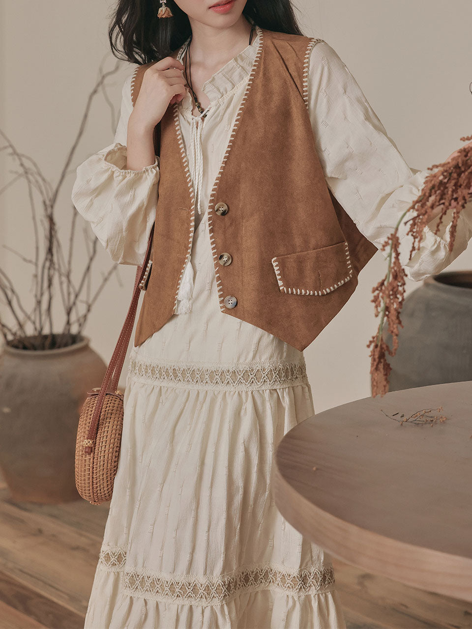 Bohemian White Embroidered Cotton Tassel Hem Maxi Dress