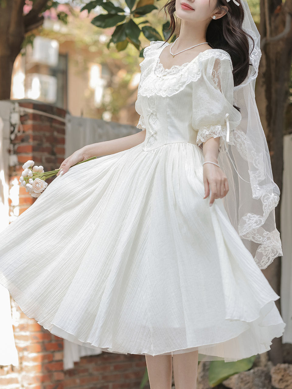 Sweet Victorian Lace Square Collar Corset Short Sleeve Wedding Mini Dress