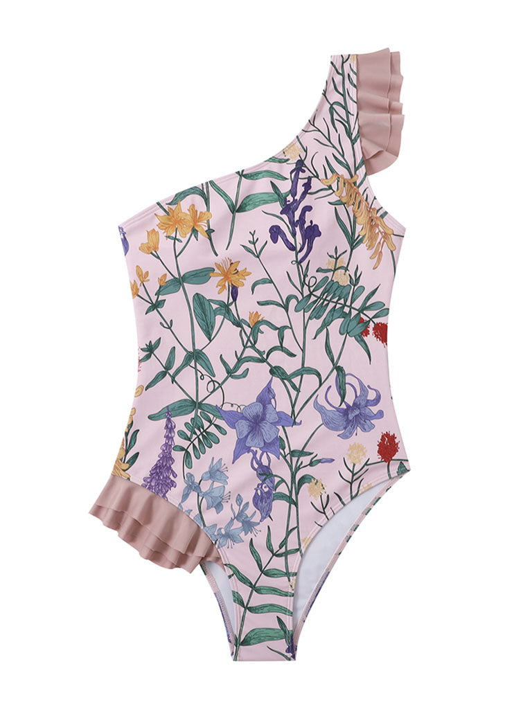 Pink Floral Print Retro Style Ruffles One Piece