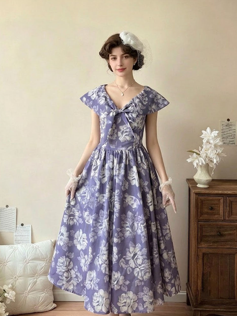 1950s Audrey Hepburn style Vintage Lavender Floral Dress | Retro V Neck Bow Rockabilly Swing Dress