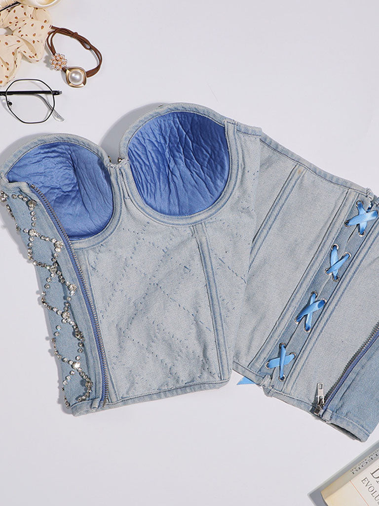 Denim Handmade Rhinestones Corset Camisole Top