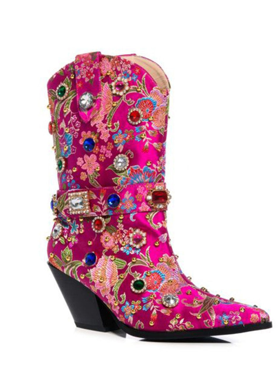 15CM Luxury Embroidered Rivet Chunky High Heels Platform Boot Vintage Shoes