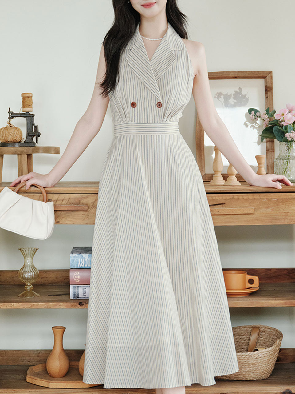 White V Neck Vertical Striped Vintage Dress