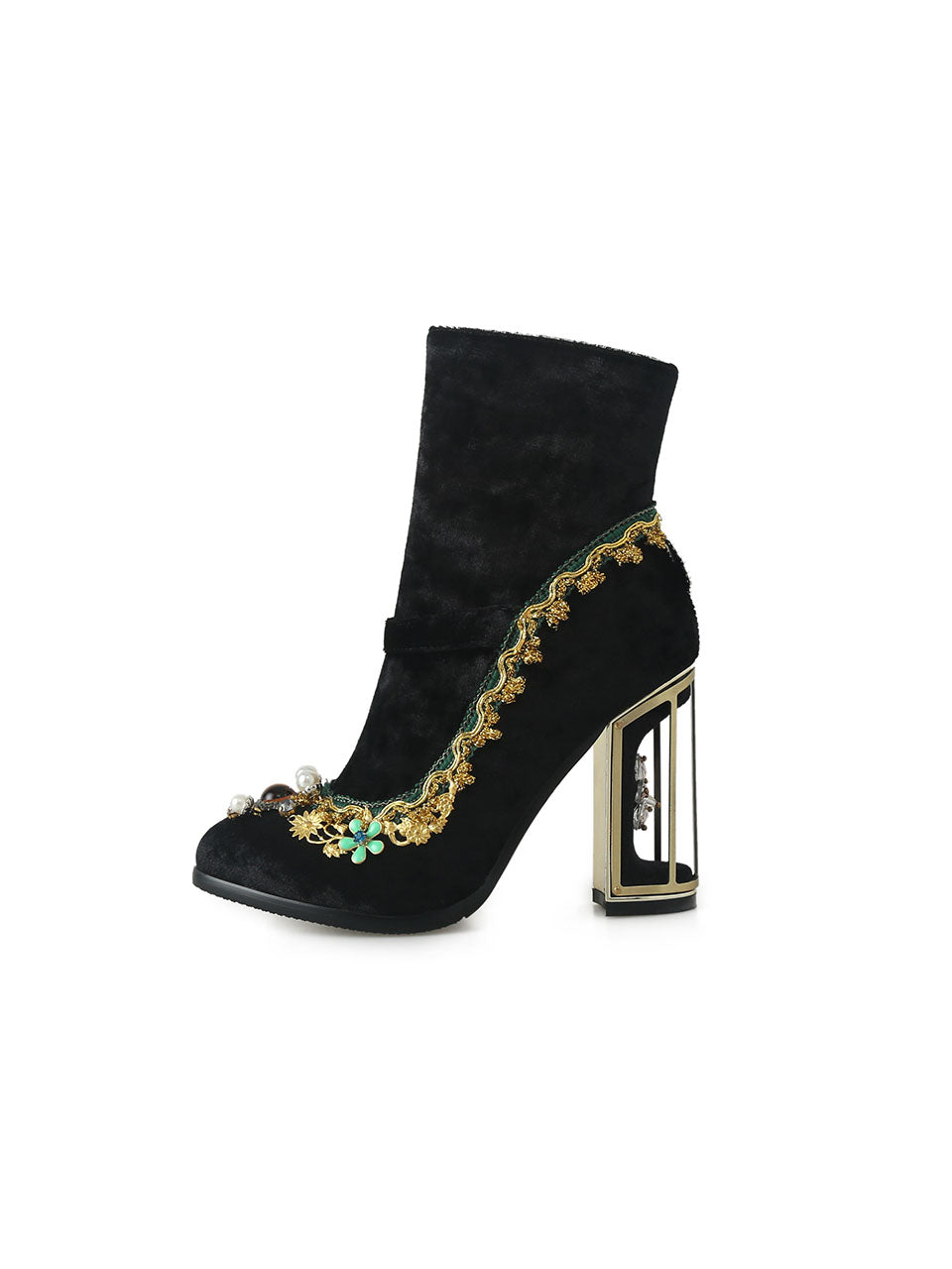 10CM Luxury Velvet Chunky High Heel Bootie Vintage Shoes