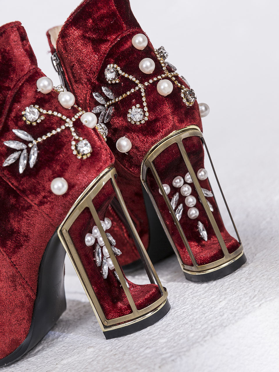 9CM Luxury Pearls And Diamonds Flowers Chunky High Heel Bootie Vintage Shoes