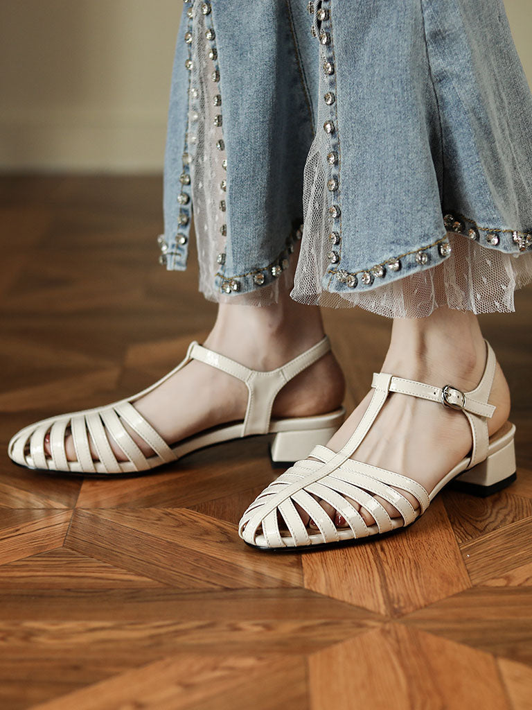 Flats Sandals Pointed Toe Hollow Belt Leather Vintage Shoes