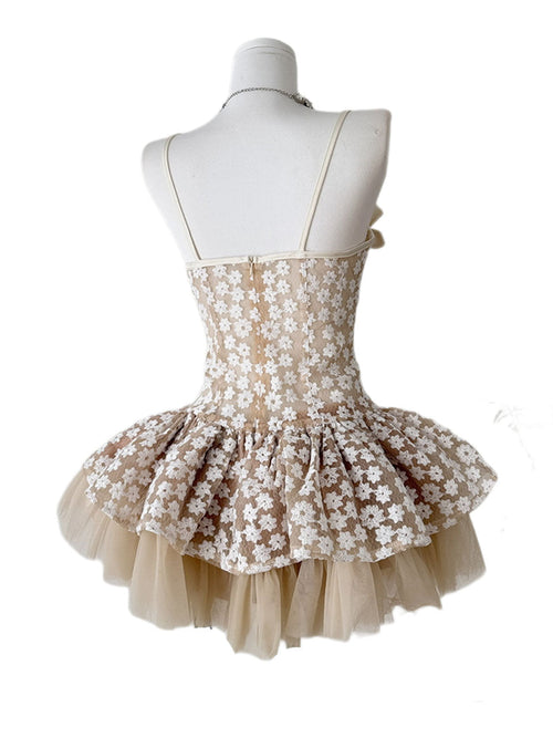 Balletcore Apricot Flower Lace Corset Mini Dress