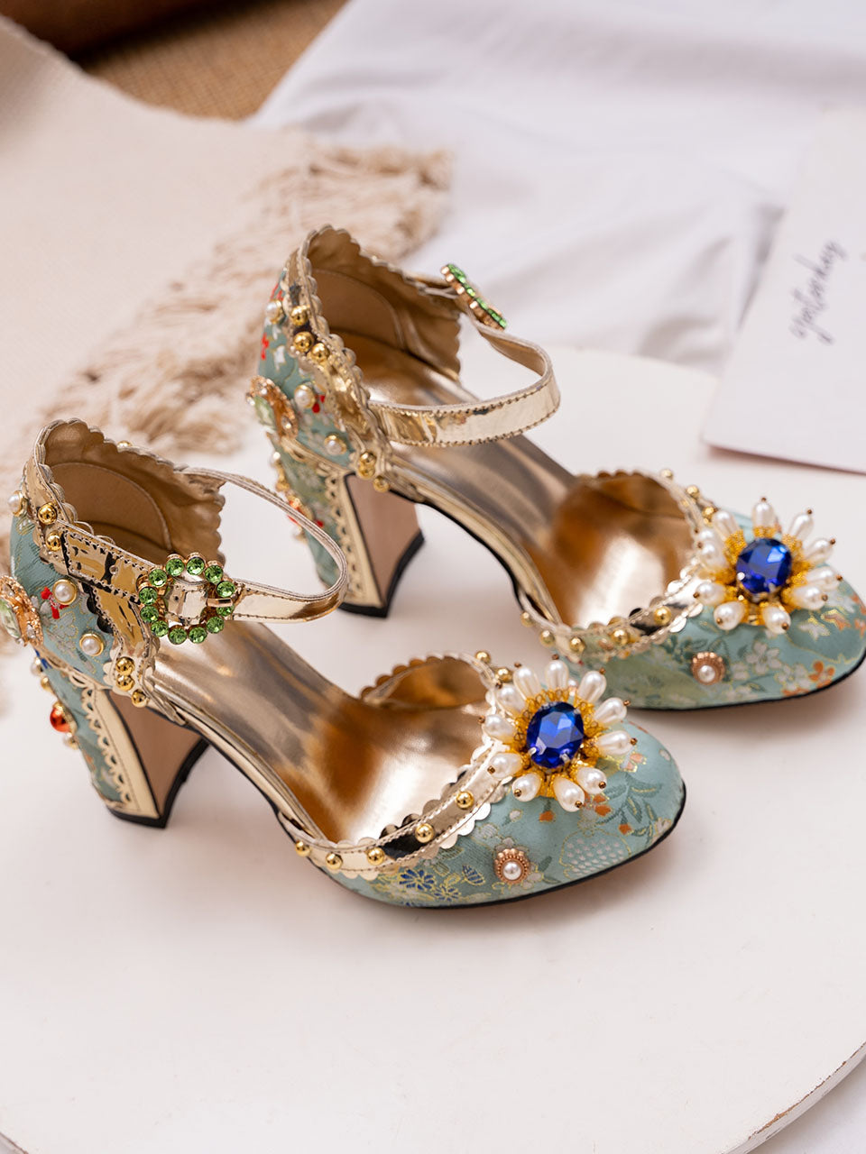 10CM Luxury Flower Chunky Heels Retro Shoes