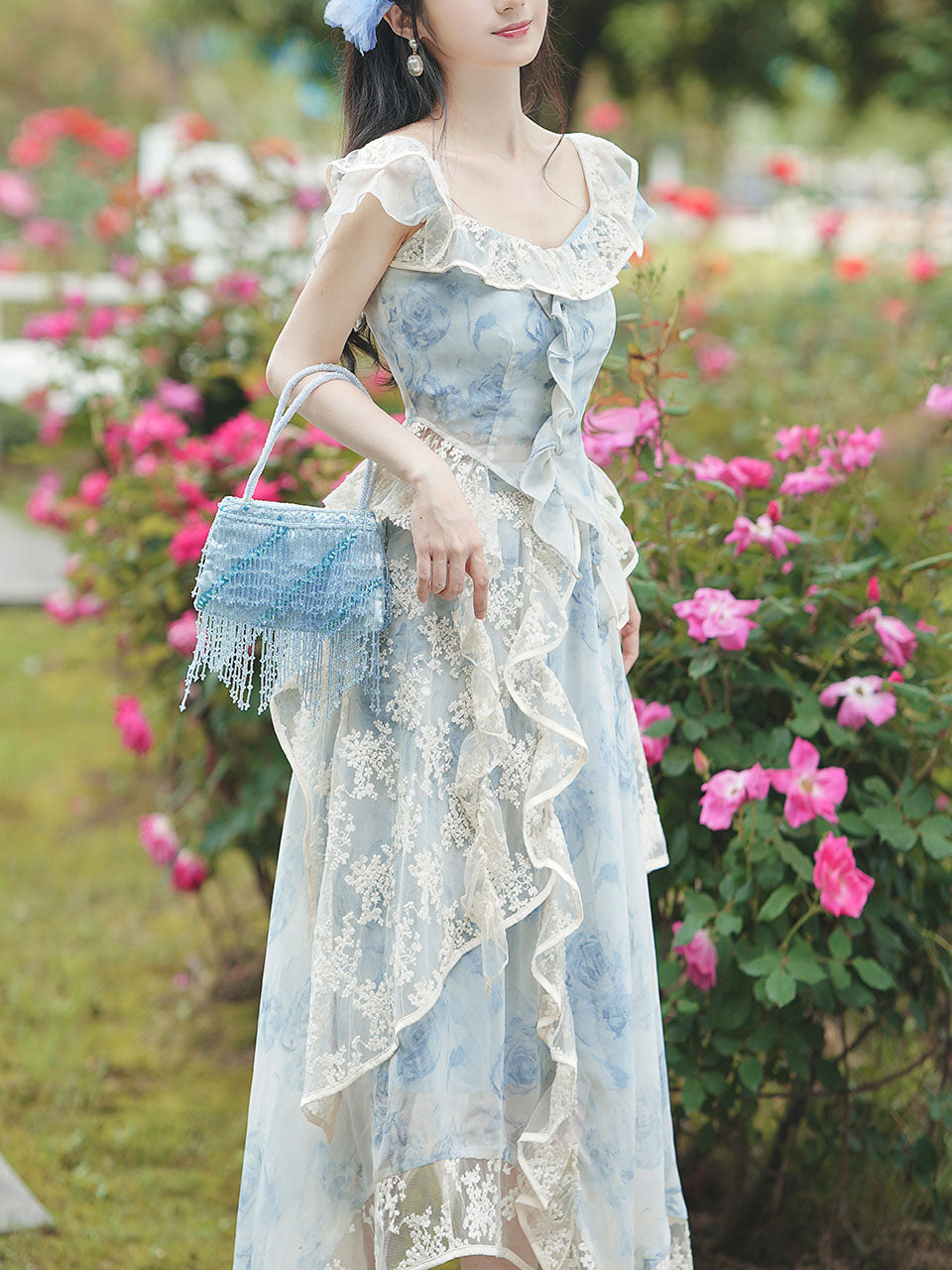 2PS Blue Square Collar Lace Floral Print Sleeveless Top