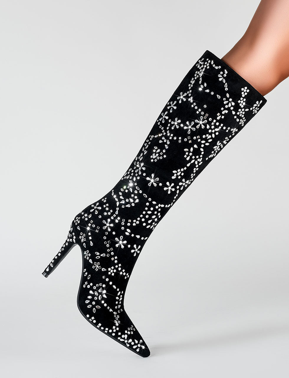 Black High Heel Pointed Toes Luxury Flower Bling Rhinestone Boots Shoes