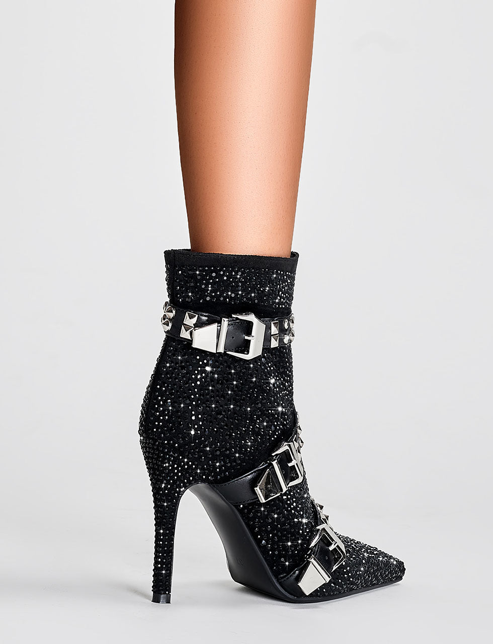 Black High Heel Pointed Toes Luxury Flower Bling Rhinestone Bootie Shoes