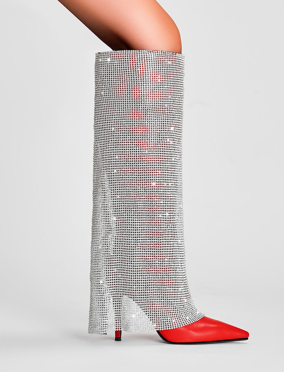 Red High Heel Pointed Toes Luxury Bling Rhinestone Trouser Boots Shoes