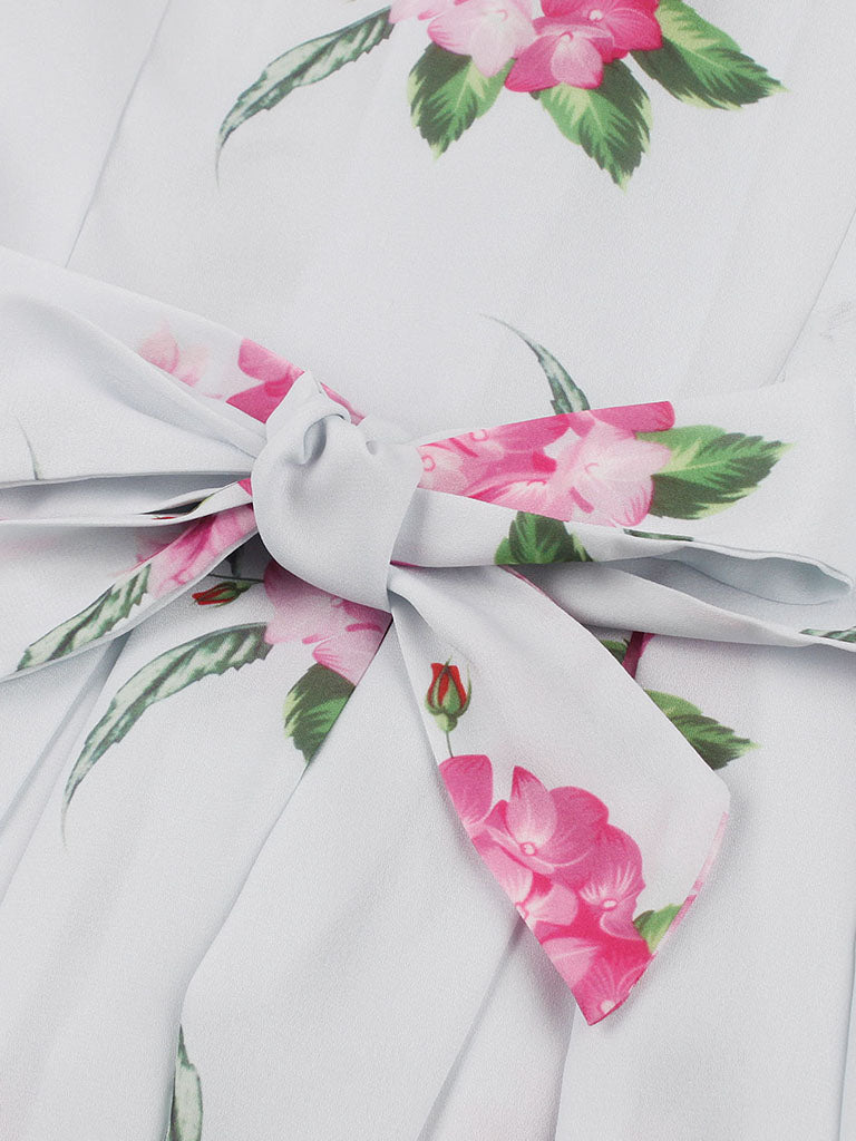White Rose Flower V Neck 1950S Vintage Swing Dress