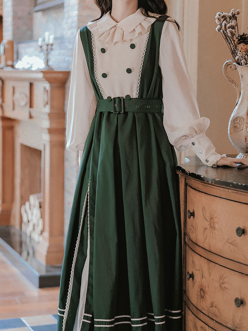 Dark Green Long Lantern Sleeves Edwardian Ruffle Dress