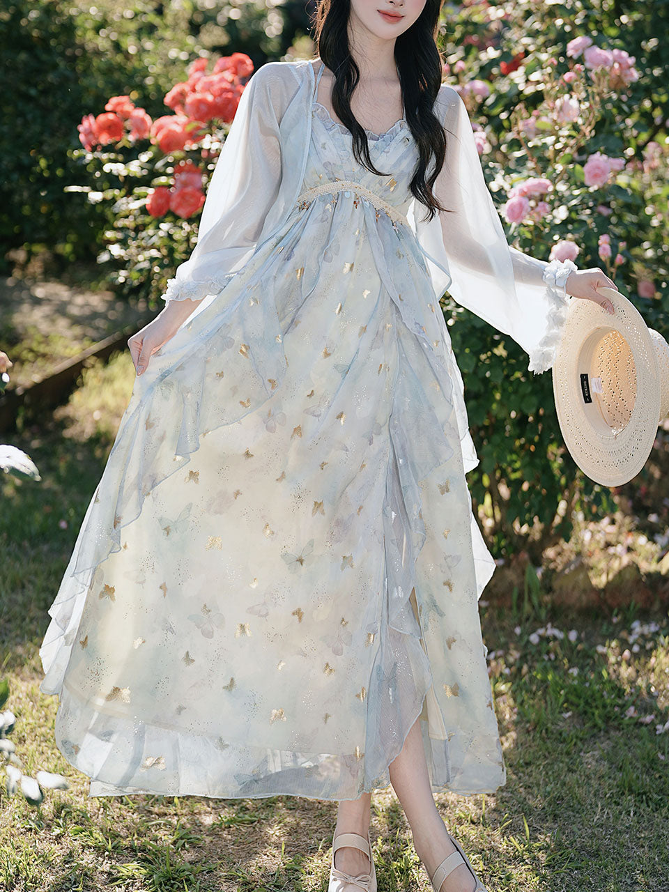 Fairycore Butterfly Maxi Dress Glitter Ruffle Halter Prom Gown