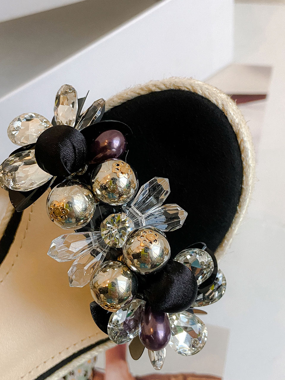 Open Toe Bow Wedge Heel Rhinestones Sandals Leather Vintage Shoes
