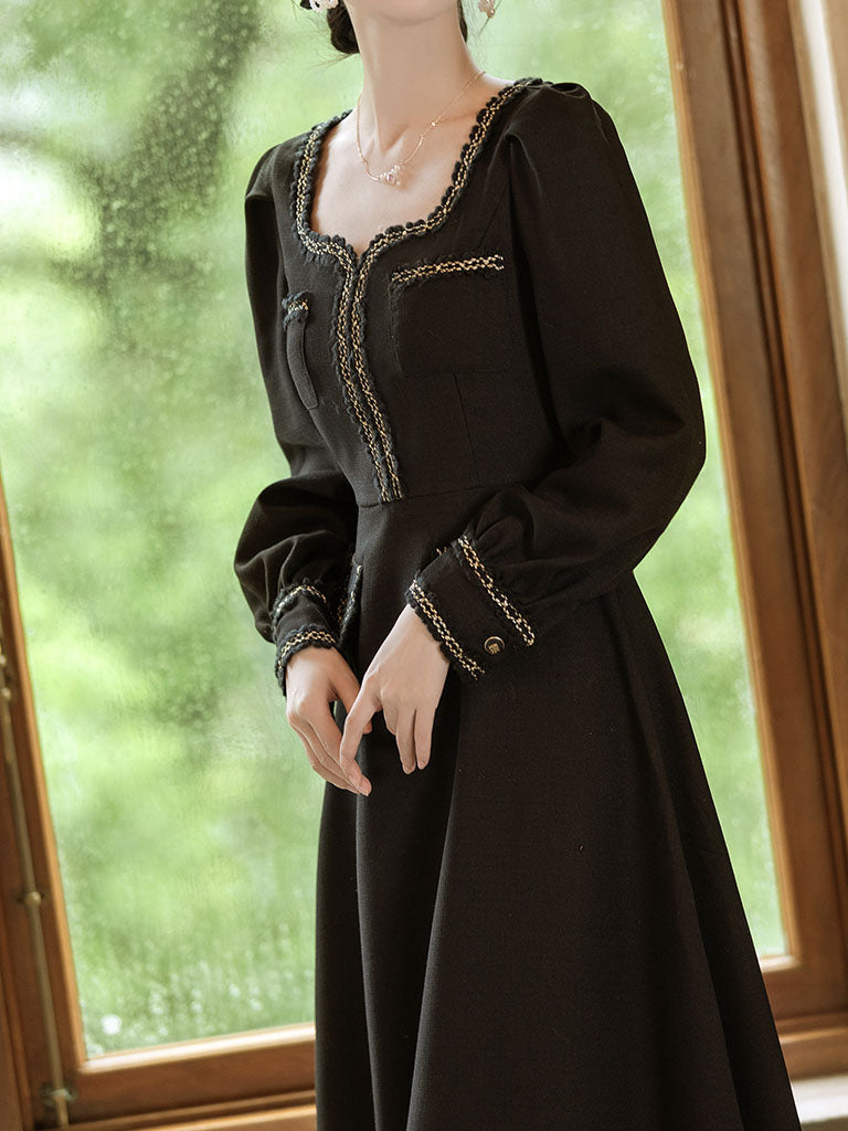 Black Ballet Square Collar 1950S Vintage Little Black Dress