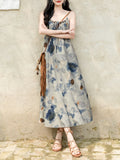 2PS Blue Spaghetti Strap Tropical Pattern Holiday  Dress