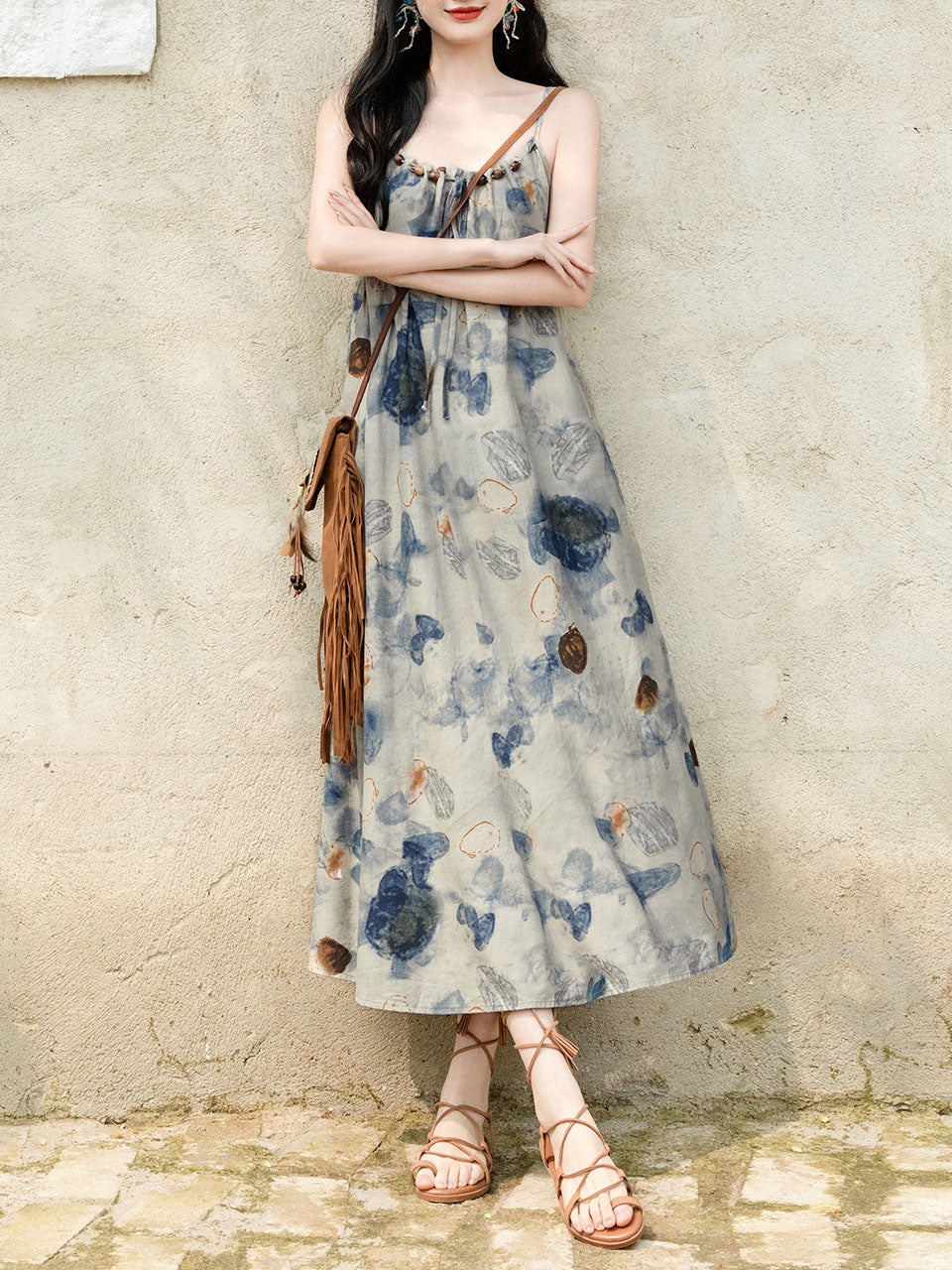 2PS Blue Spaghetti Strap Tropical Pattern Holiday  Dress