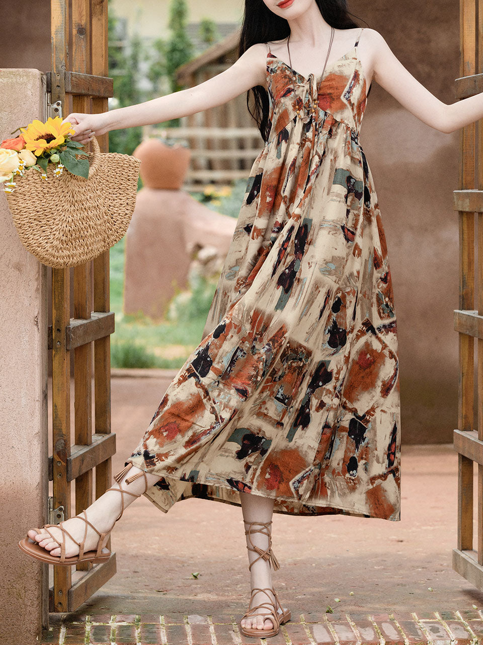 2PS Brown Spaghetti Strap Tropical Pattern Holiday  Dress