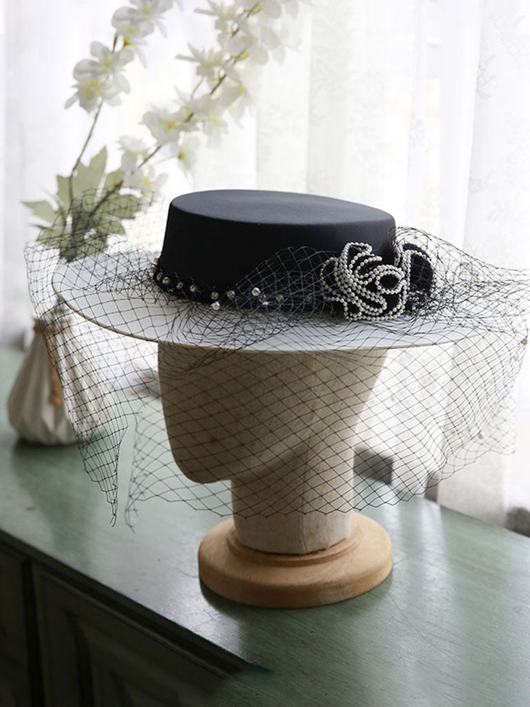 Vintage Flower Mesh Black and White Hepburn Hat Boater Hat