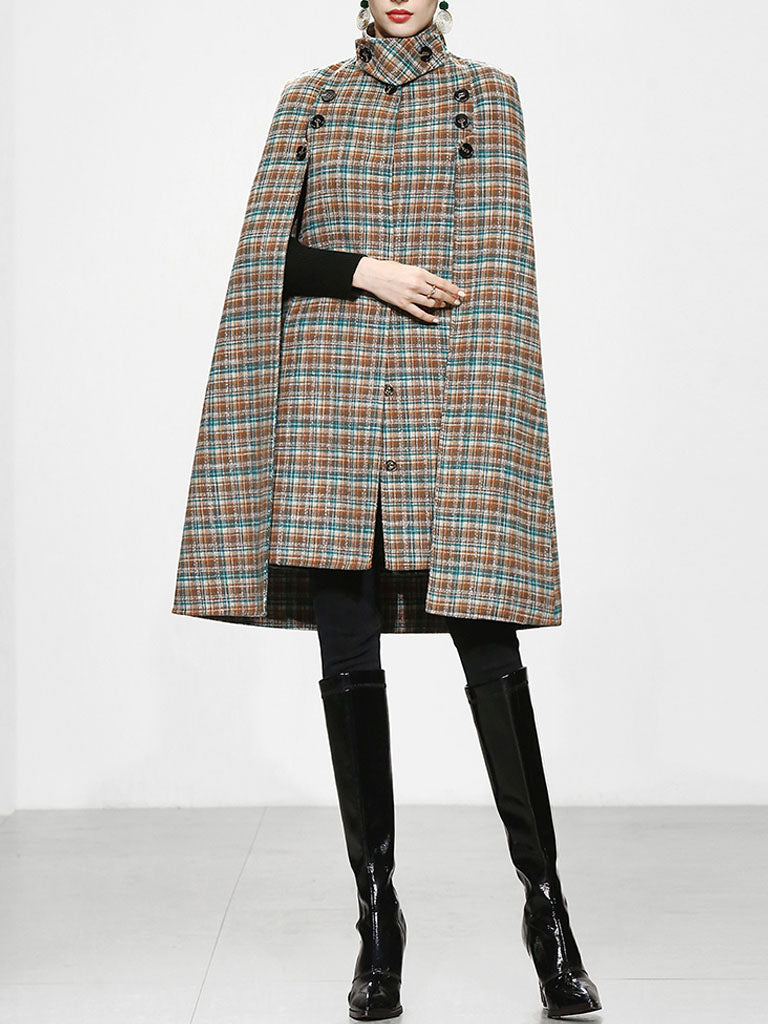 Sweet Brown Plaid Long Sleeve Dress Cape Coat