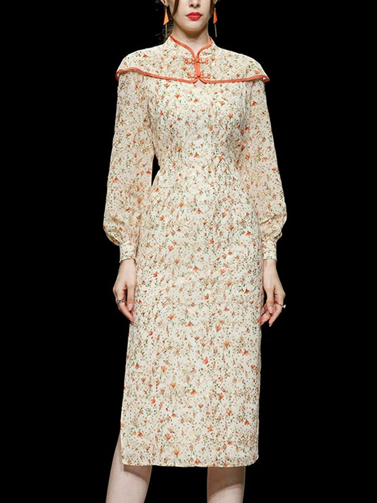 Orange Floral Print Long Sleeve Fishtail Cheongsam Dress