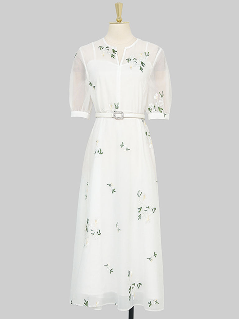 White V Neck Puff Sleeves Embroidered Organza Vintage Dress