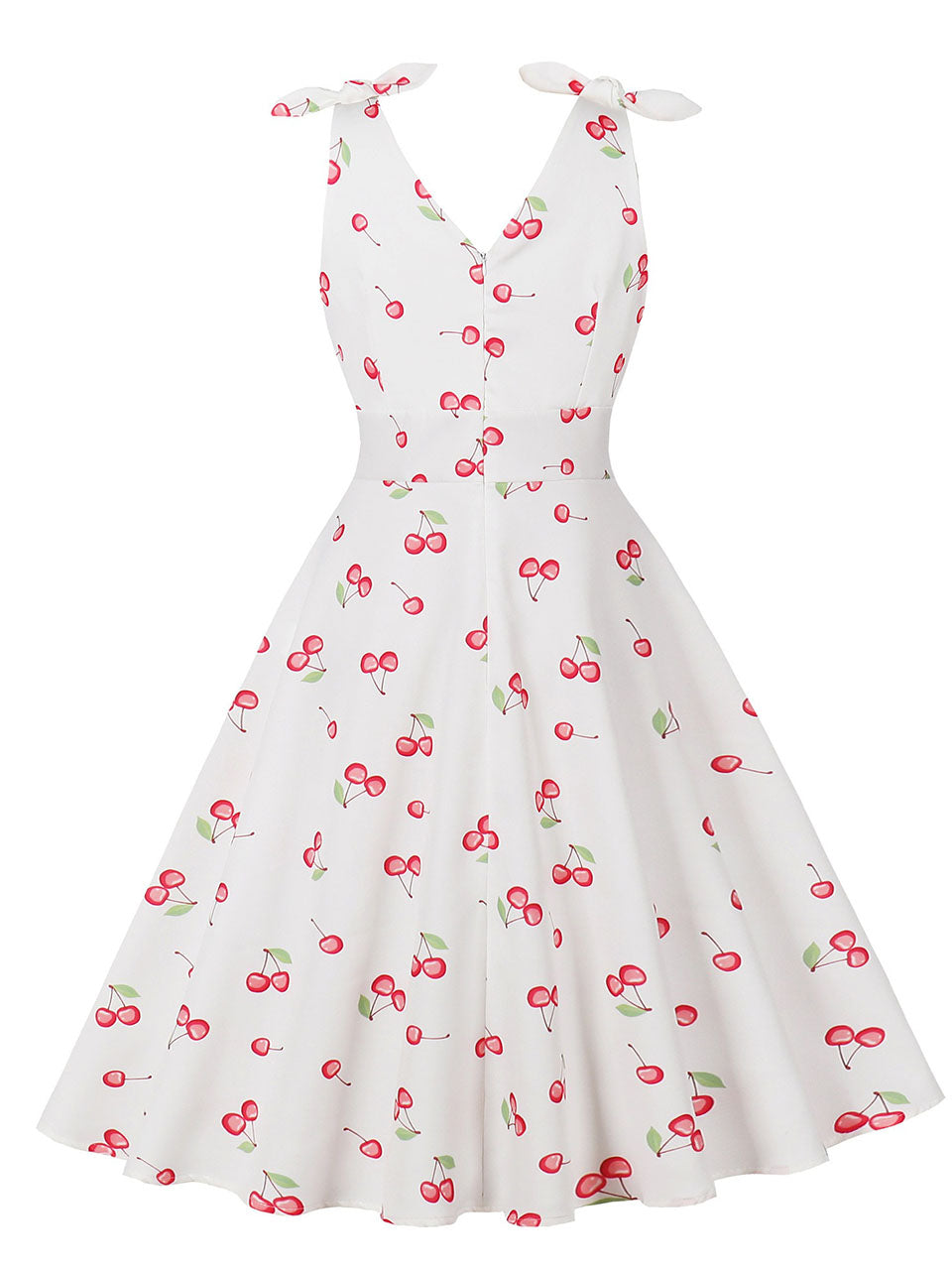 White V Neck Cherry 1950s Vintage Swing Dress