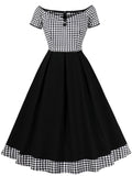 Black Plaid Off Shoulder Short Sleeve 1950S Vintage Dress