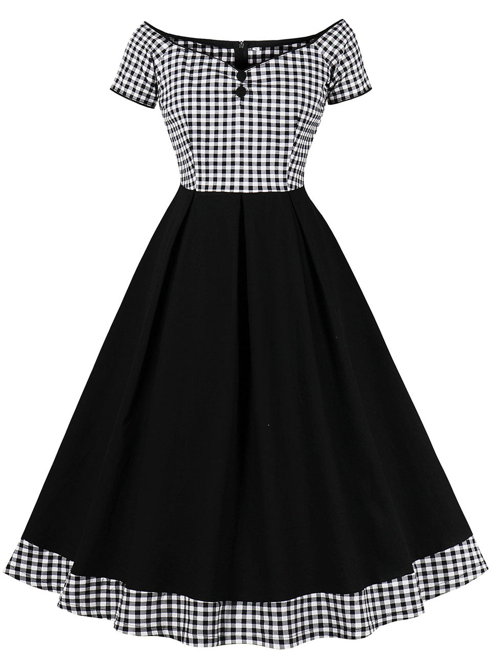 Black Plaid Off Shoulder Short Sleeve 1950S Vintage Dress