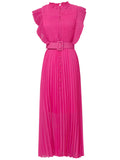 Rose Crew Neck Ruffles Pleated 1970S Vintage Dress