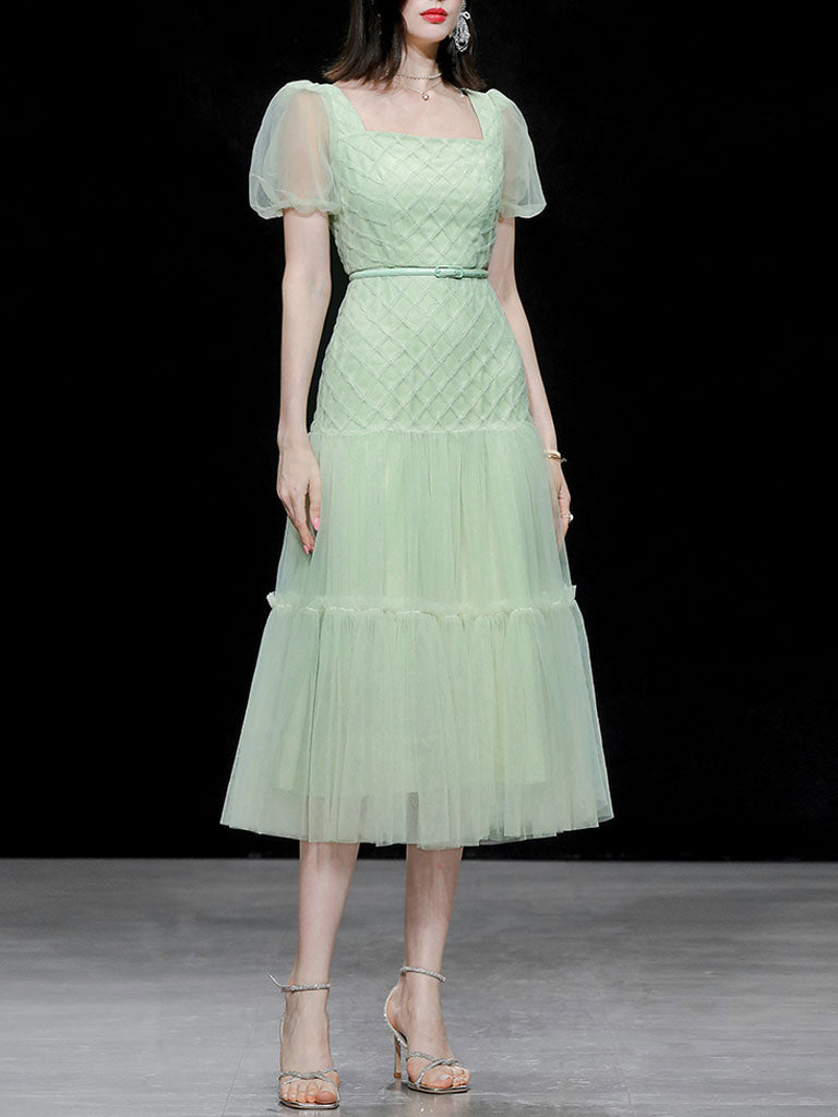 Green Vintage Style Square Neck Puff Sleeve Tulle Party Dress