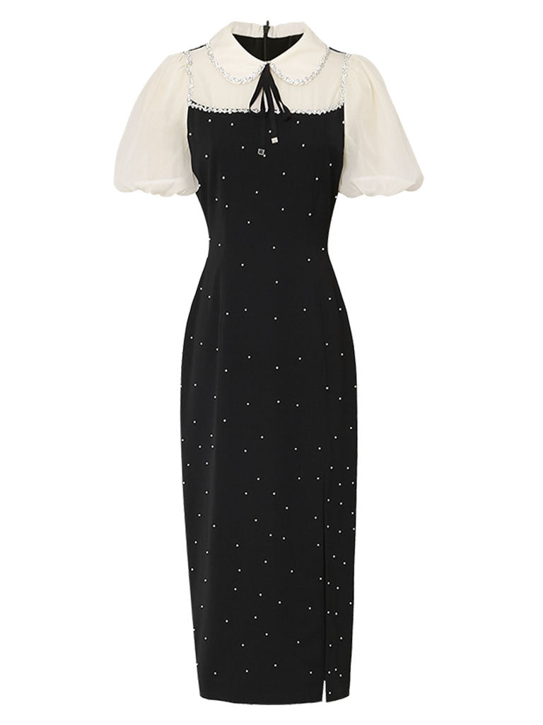 Black Peter Pan Collar Puff Sleeve Split Party Dress