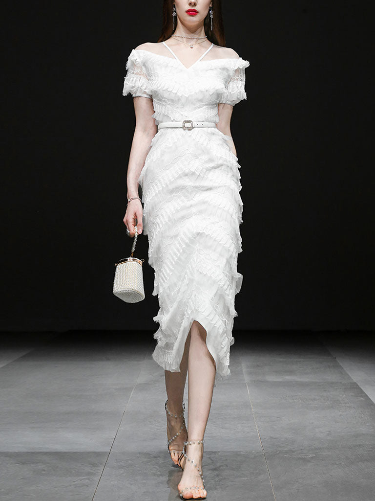 White Romantic Wedding Ruffles V-Neck Sequin Lace Irregular Hem Dress