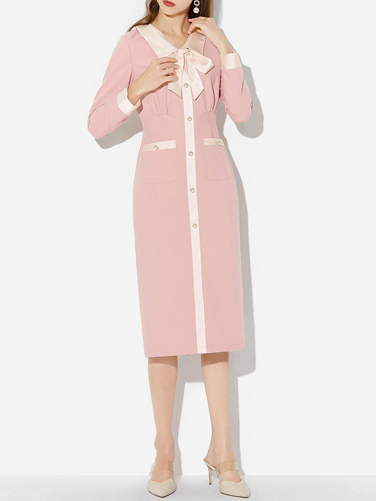 Pink Turn Down Collar Long Sleeve 1940S Vintage Dress