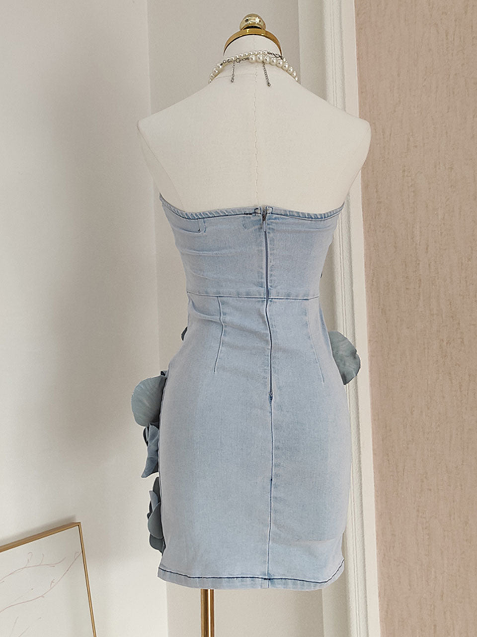 Bandeau Floral Denim Vintage Mini Dress