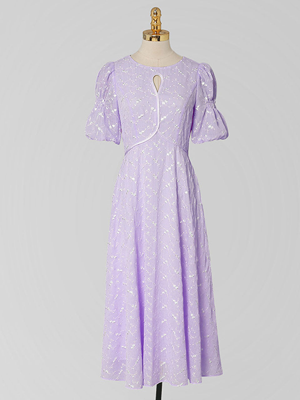 Lilac Flower Embroidery Crew Neck 1950S Vintage Dress