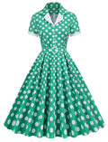 Green Polka Dots Turn Down Collar Short Sleeves 1950S Vinatge Shirt Dress
