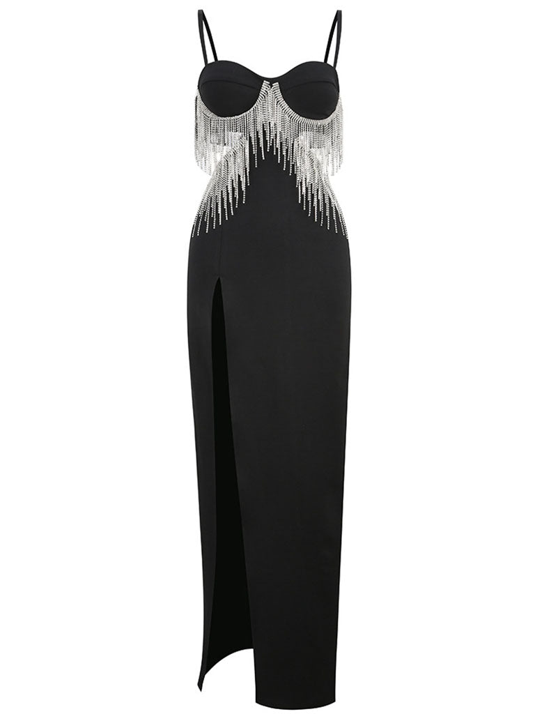 Black Spaghetti Strap Rhinestones Slit Gown Party Dress