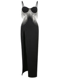 Black Spaghetti Strap Rhinestones Slit Gown Party Dress