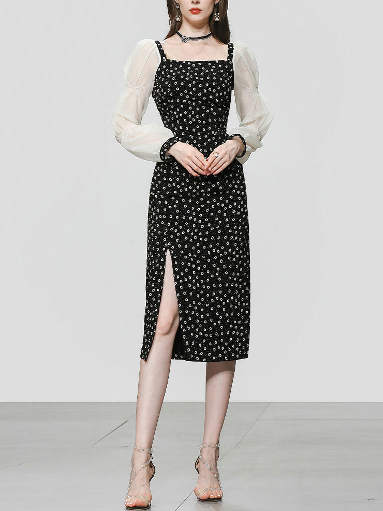 Black Daisy Print Split Straight Dress