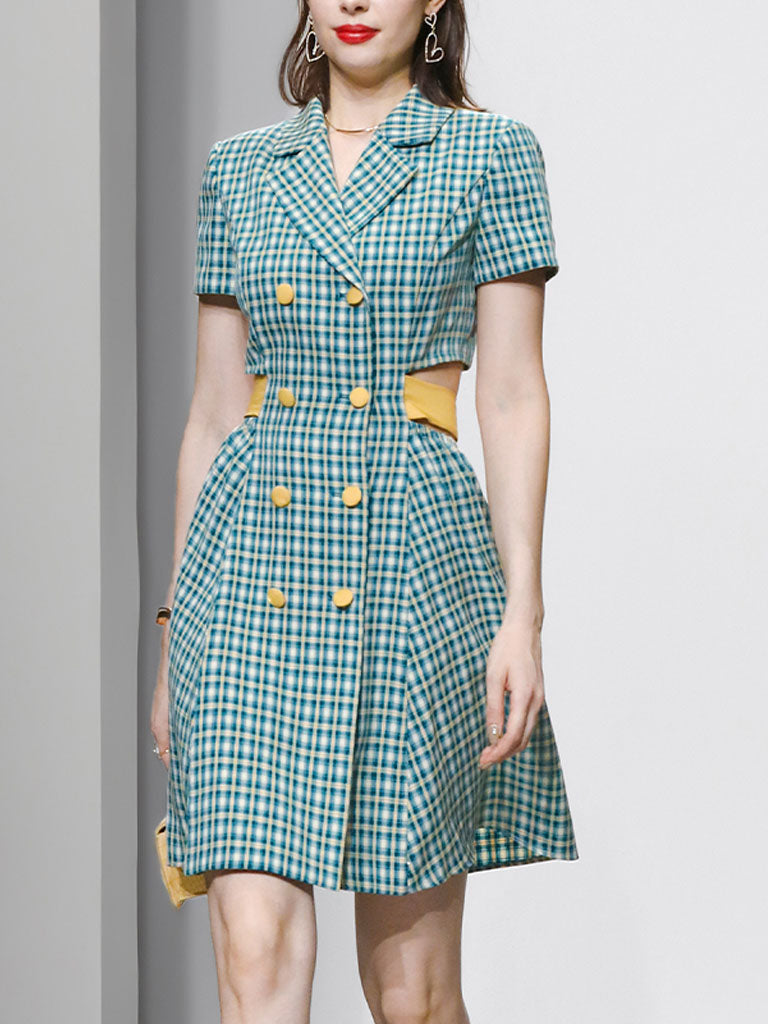Blue Plaid Short Sleeve Waist Back Waist Hollow Bow Dress