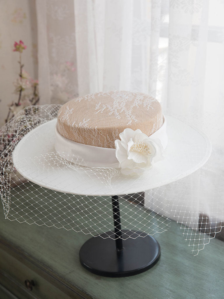 Vintage Lace Flower Hepburn Hat Boater Hat