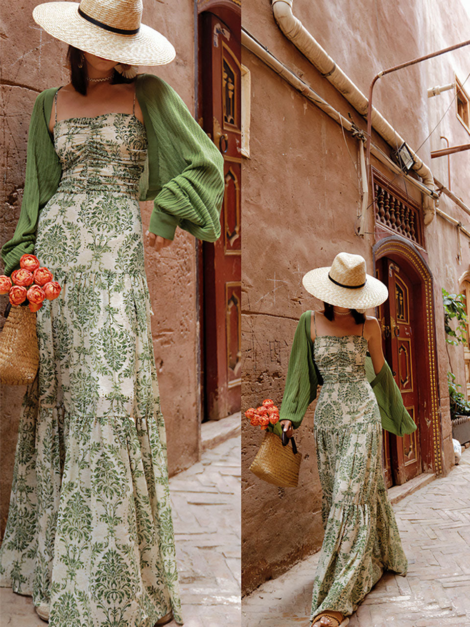 Green Bohemian Floral Print Chiffon Maxi Dress Prom Dress