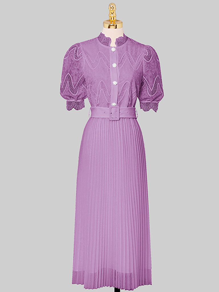 Apricot Stand Collar Puff Sleeve Mesh Pleated Dress